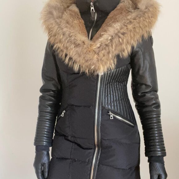 Rudsak Manteau - Leather Sleeved and Corset Parka With Fur Trim and Hood - Picture 1 of 16